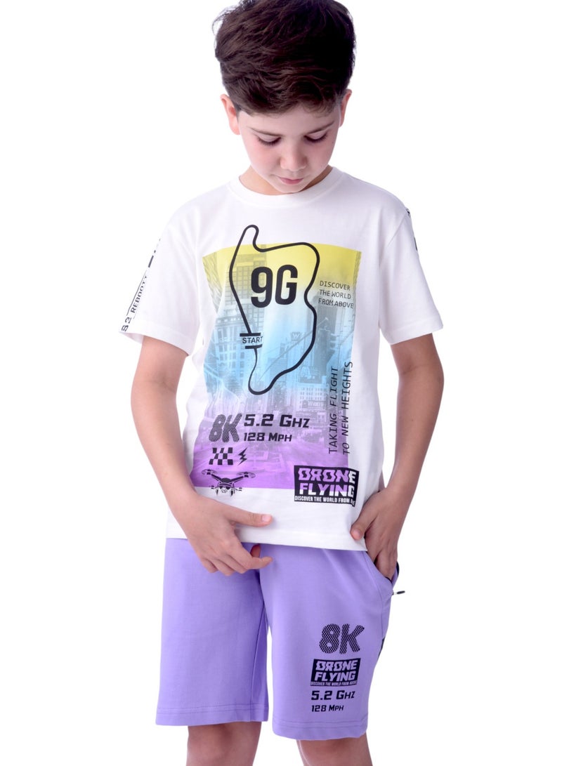 Senior Boys (Youth/Teens) 2 piece set T-Shirt & Shorts (8-14 Years)- Off-white and Lilac 100 % percent Cotton- victor and jane
