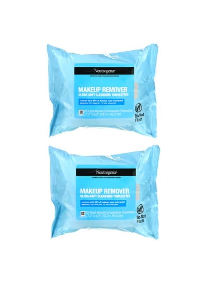 Makeup Remover Ultra-Soft Cleansing Towelettes, 2 Packs, 25 Plant-Based Compostable Towelettes Each