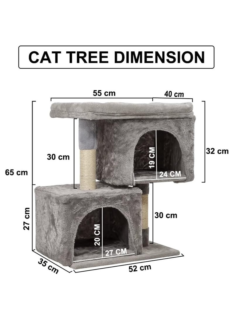 Cat Tree Tower for Indoor Cats with Double Private Cozy Cat Condo with Open Large bed perch and scratching post 65 cm cat tower,Grey color