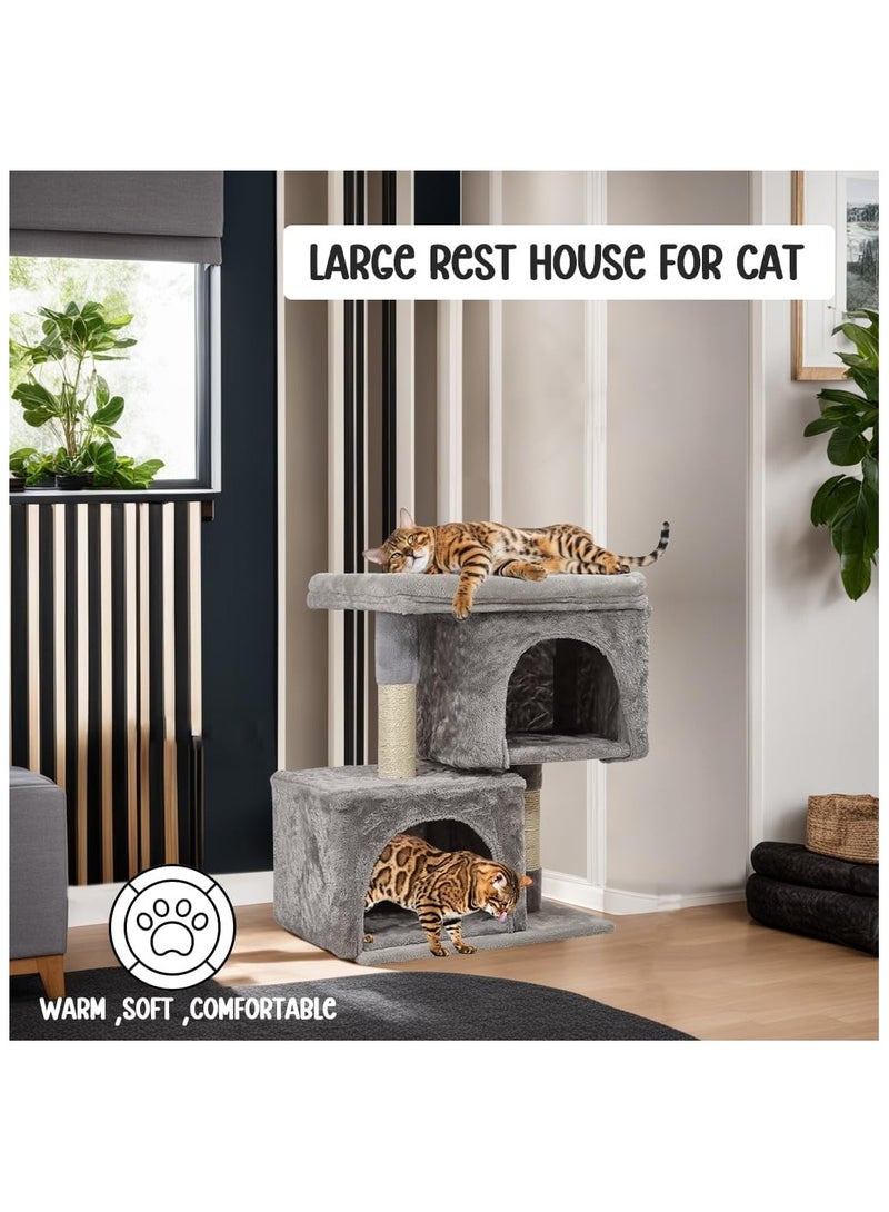 Cat Tree Tower for Indoor Cats with Double Private Cozy Cat Condo with Open Large bed perch and scratching post 65 cm cat tower,Grey color