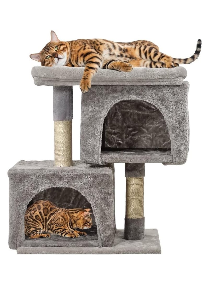 Cat Tree Tower for Indoor Cats with Double Private Cozy Cat Condo with Open Large bed perch and scratching post 65 cm cat tower,Grey color