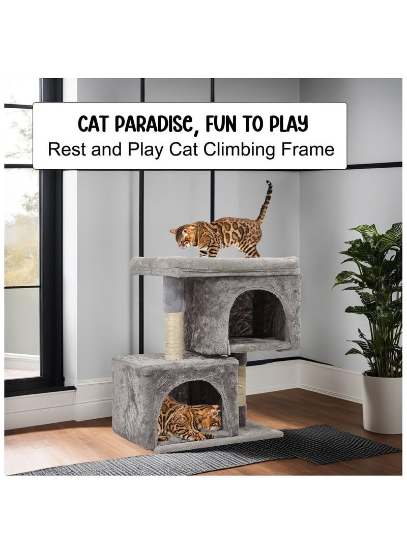 Cat Tree Tower for Indoor Cats with Double Private Cozy Cat Condo with Open Large bed perch and scratching post 65 cm cat tower,Grey color