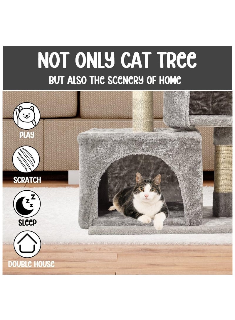 Cat Tree Tower for Indoor Cats with Double Private Cozy Cat Condo with Open Large bed perch and scratching post 65 cm cat tower,Grey color