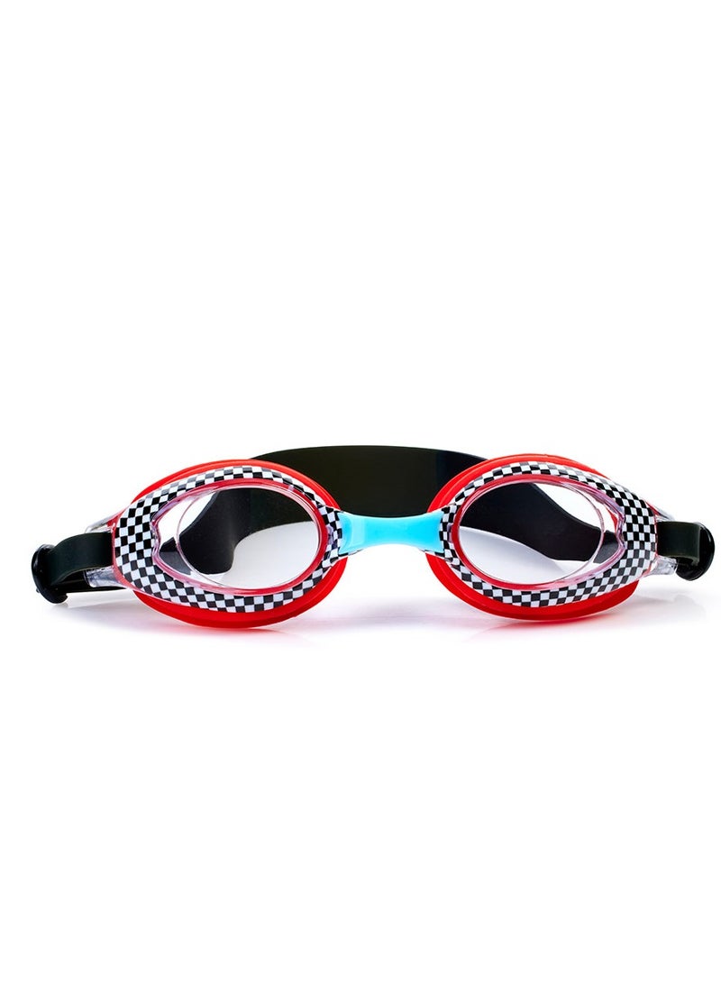 Aqua2ude Printed Red Racer Swim Goggles for Kids - Ages 3+ - Anti Fog, No Leak, Non Slip, UV Protection - Hard Travel Case - Lead and Latex Free