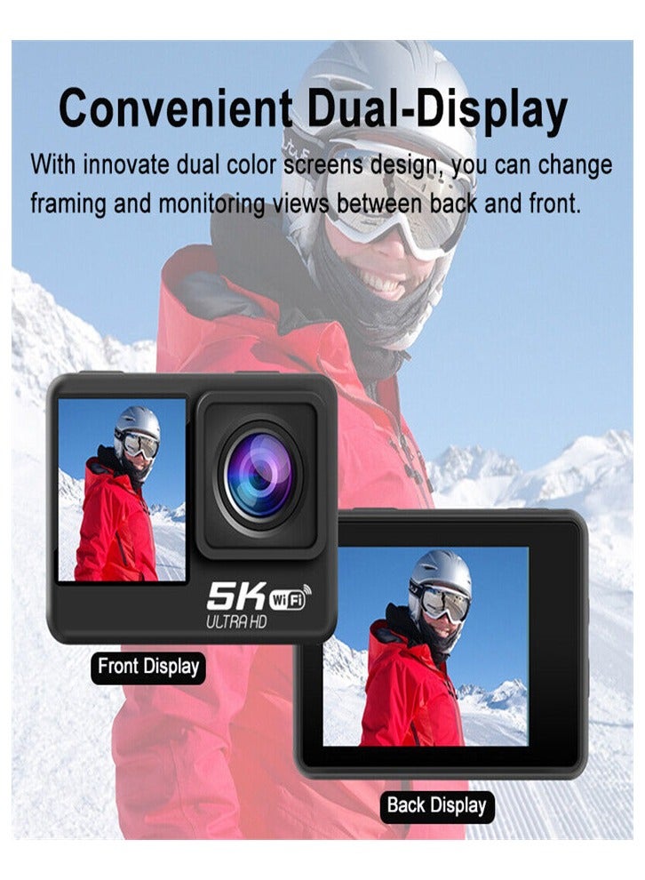 5K WiFi Action Camera 170° Wide Angle, Anti-Shake Action Camera Waterproof Remote Control Action Camera with Remote Control and Accessories