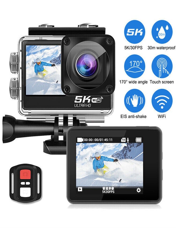 5K WiFi Action Camera 170° Wide Angle, Anti-Shake Action Camera Waterproof Remote Control Action Camera with Remote Control and Accessories