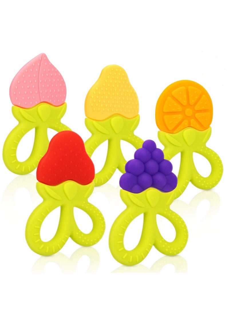 5 Pack BPA Free Silicone Fruit Teether Toy with Storage Case, for 3 Months Above Infant Sore Gums Pain Relief