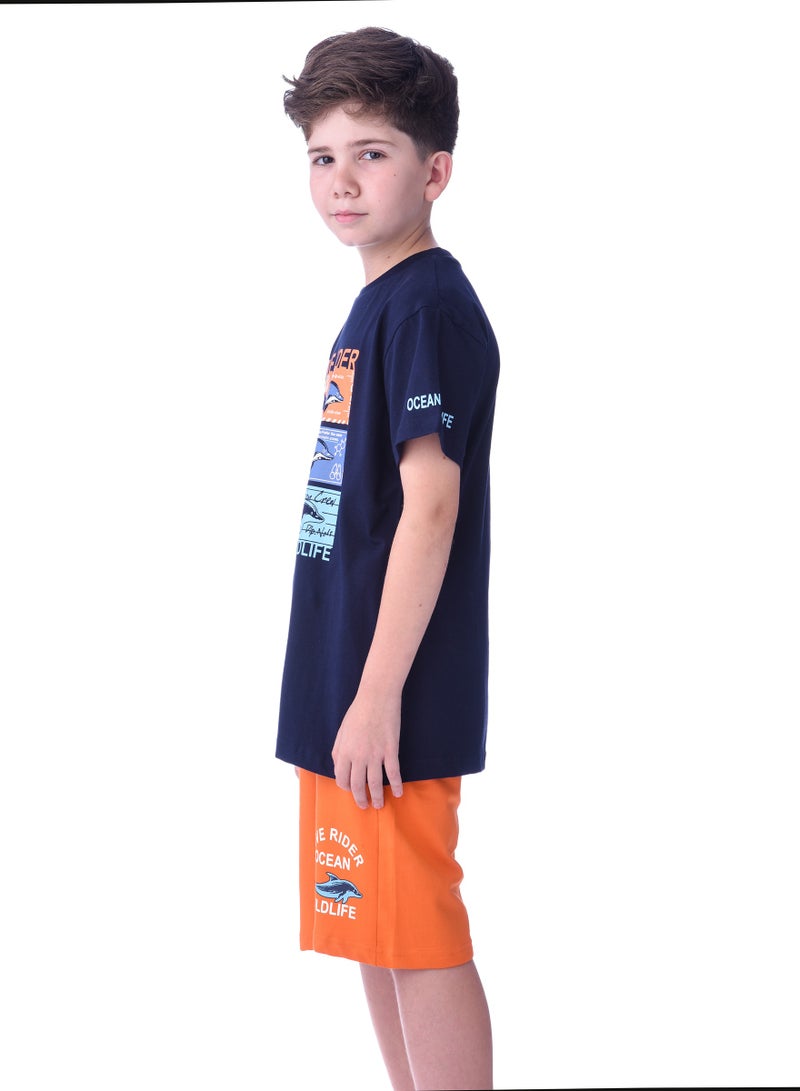 Senior Boys (Youth/Teens) 2 piece set T-Shirt & Shorts (8-14 Years)- Blue and Orange- 100 % percent Cotton- victor and jane