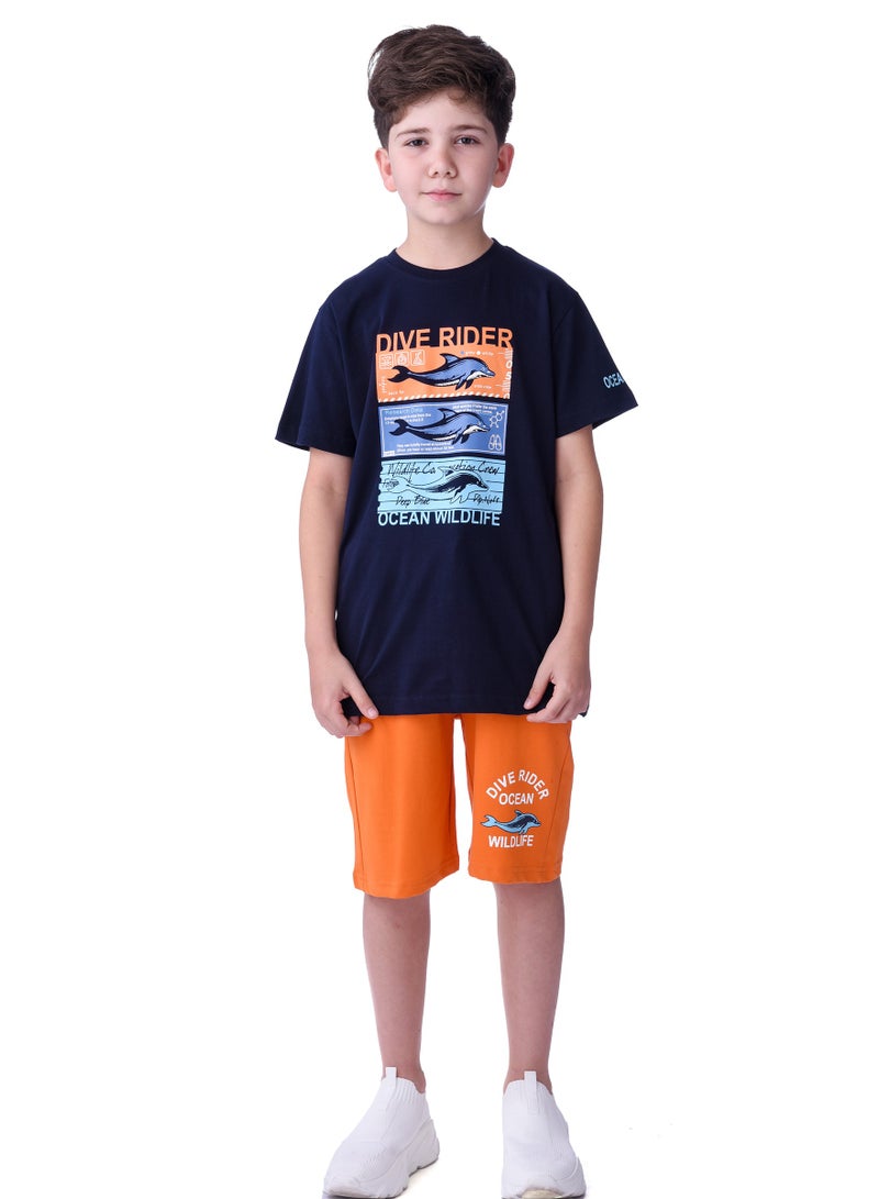 Senior Boys (Youth/Teens) 2 piece set T-Shirt & Shorts (8-14 Years)- Blue and Orange- 100 % percent Cotton- victor and jane