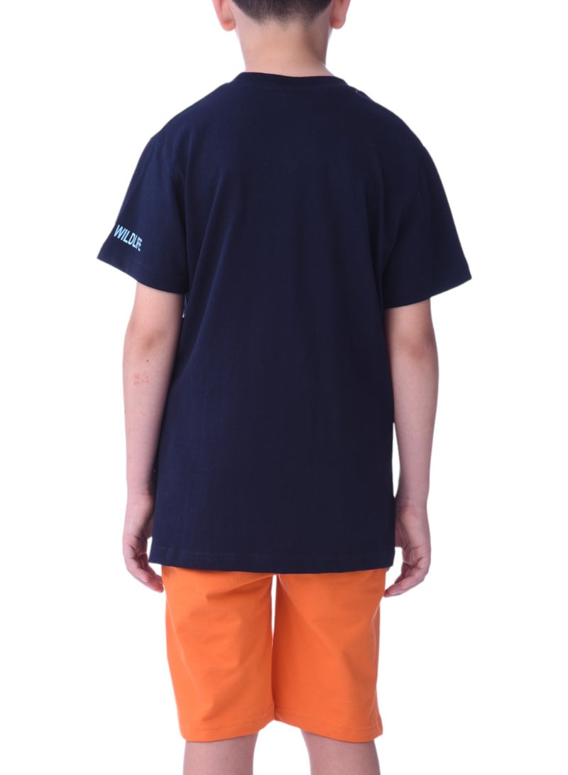 Senior Boys (Youth/Teens) 2 piece set T-Shirt & Shorts (8-14 Years)- Blue and Orange- 100 % percent Cotton- victor and jane