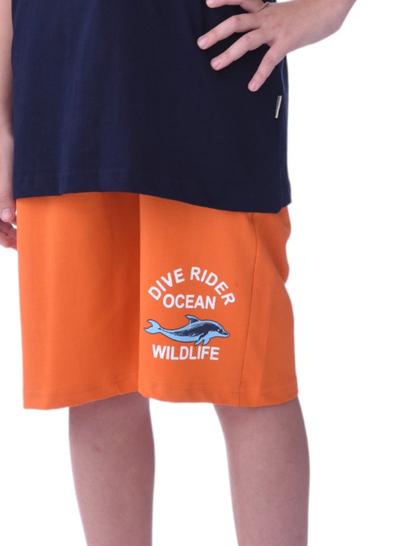 Senior Boys (Youth/Teens) 2 piece set T-Shirt & Shorts (8-14 Years)- Blue and Orange- 100 % percent Cotton- victor and jane