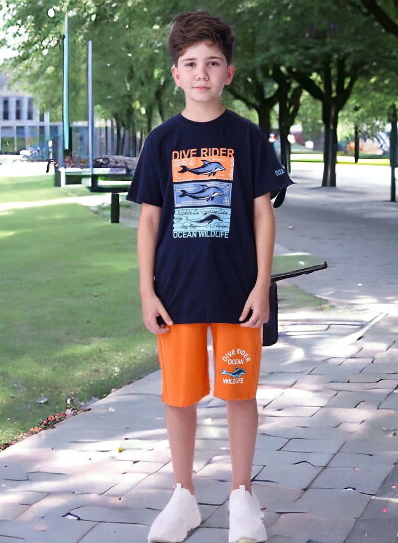 Senior Boys (Youth/Teens) 2 piece set T-Shirt & Shorts (8-14 Years)- Blue and Orange- 100 % percent Cotton- victor and jane