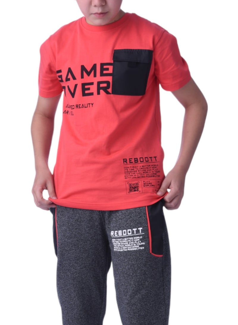Senior Boys (Youth/Teens) 2 piece set T-Shirt & Long Pant (8-14 Years)- Rust and Black- 100 % percent Cotton- victor and jane