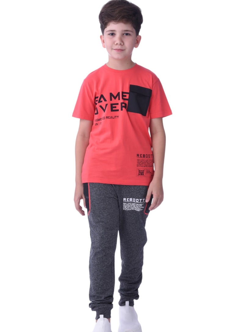 Senior Boys (Youth/Teens) 2 piece set T-Shirt & Long Pant (8-14 Years)- Rust and Black- 100 % percent Cotton- victor and jane