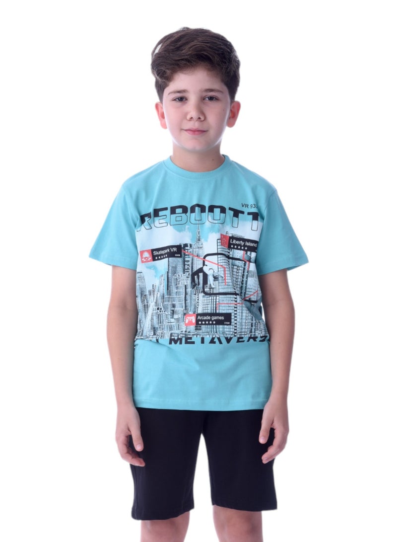 Senior Boys (Youth/Teens) 2 piece set T-Shirt & Shorts (8-14 Years)- Green and Black- 100 % percent Cotton- victor and jane
