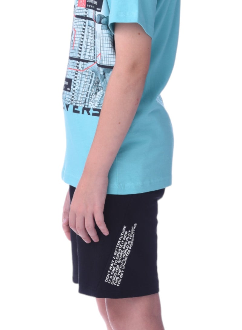 Senior Boys (Youth/Teens) 2 piece set T-Shirt & Shorts (8-14 Years)- Green and Black- 100 % percent Cotton- victor and jane