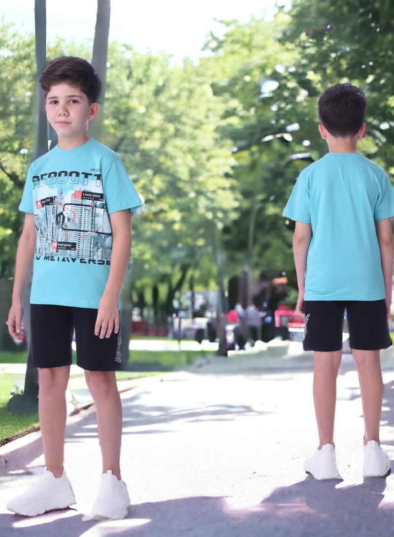 Senior Boys (Youth/Teens) 2 piece set T-Shirt & Shorts (8-14 Years)- Green and Black- 100 % percent Cotton- victor and jane
