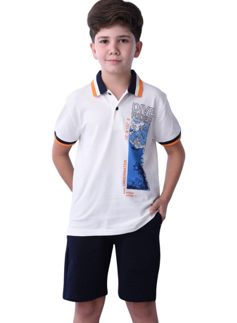 Senior Boys (Youth/Teens) 2 piece set T-Shirt & Shorts (8-14 Years)- White and Navy Blue- 100 % percent Cotton- victor and jane