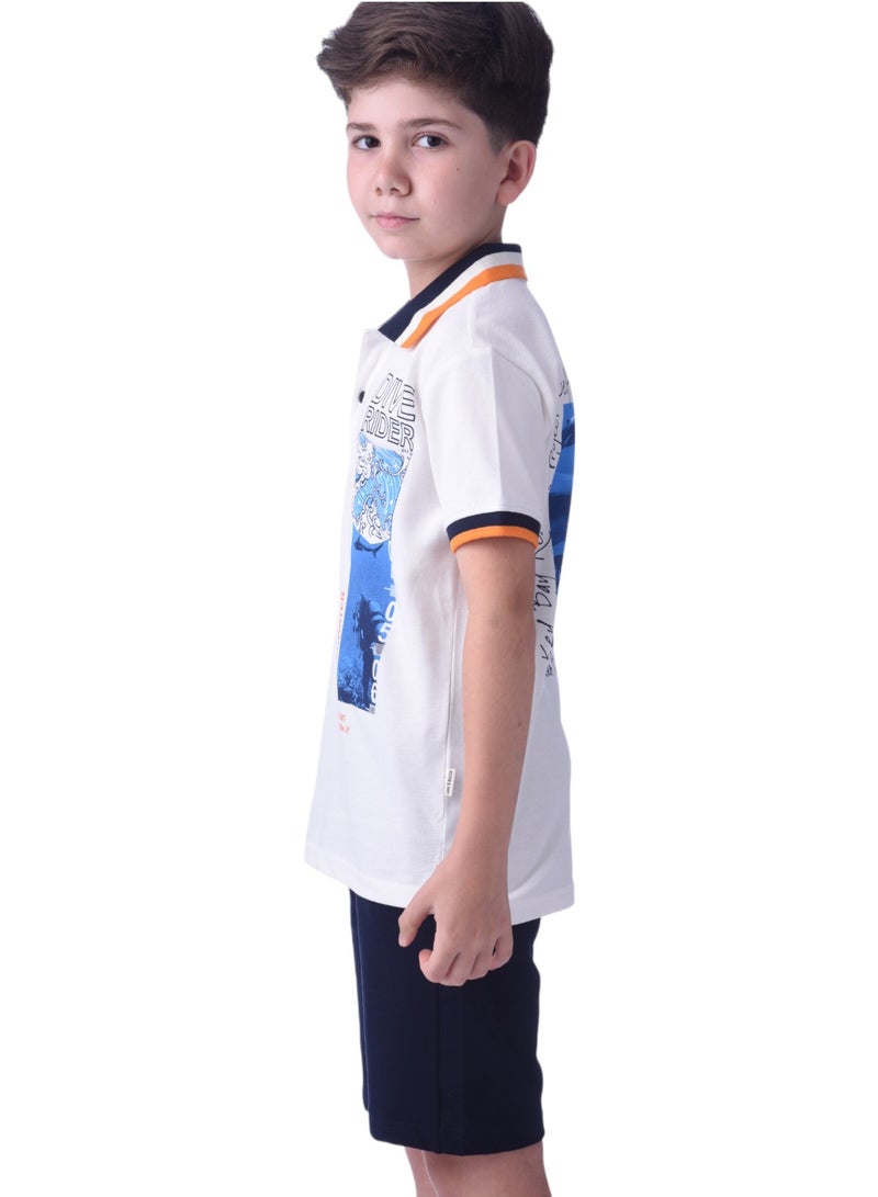 Senior Boys (Youth/Teens) 2 piece set T-Shirt & Shorts (8-14 Years)- White and Navy Blue- 100 % percent Cotton- victor and jane