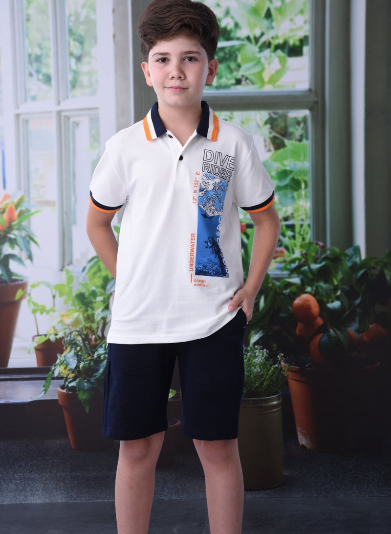 Senior Boys (Youth/Teens) 2 piece set T-Shirt & Shorts (8-14 Years)- White and Navy Blue- 100 % percent Cotton- victor and jane
