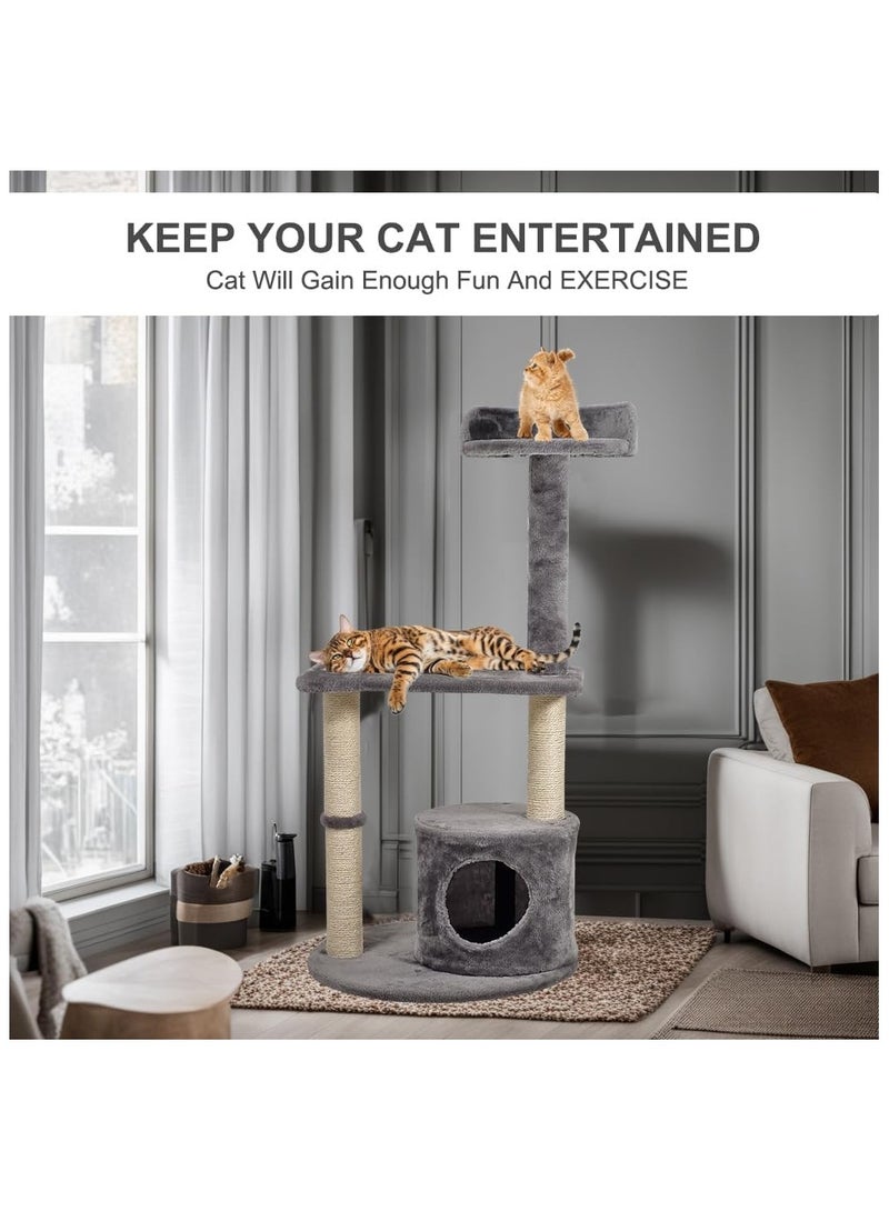 Cat Tree Tower, 3-Level Climbing Tower with Scratching Post, condo and top bed perch for indoor cats .102 cm cute cat tree, Grey Color