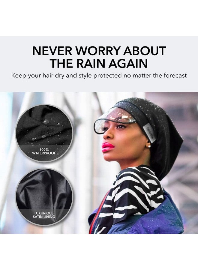 100% Waterproof Rain Hat Satin Lined Cap Uv Sun Protection Full Hair Coverage Packable Travel Accessory Black