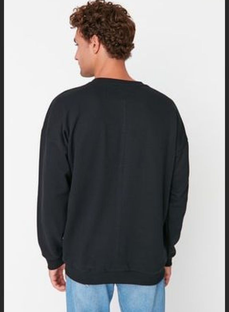 Black Men's Oversize Fit Crew Neck Embroidery Soft Pile Cotton Sweatshirt TMNAW23SW00022