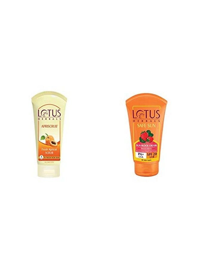 Lotus Herbals Apriscrub Fresh Apricot Scrub 180G And Lotus Herbals Safe Sun Block Cream Spf 20 50G