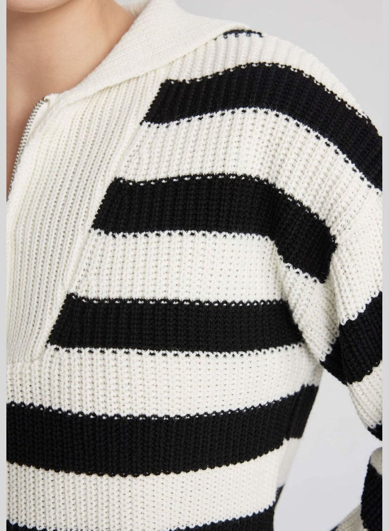 Woman Tricot Pullover Polo Neck Long Sleeve