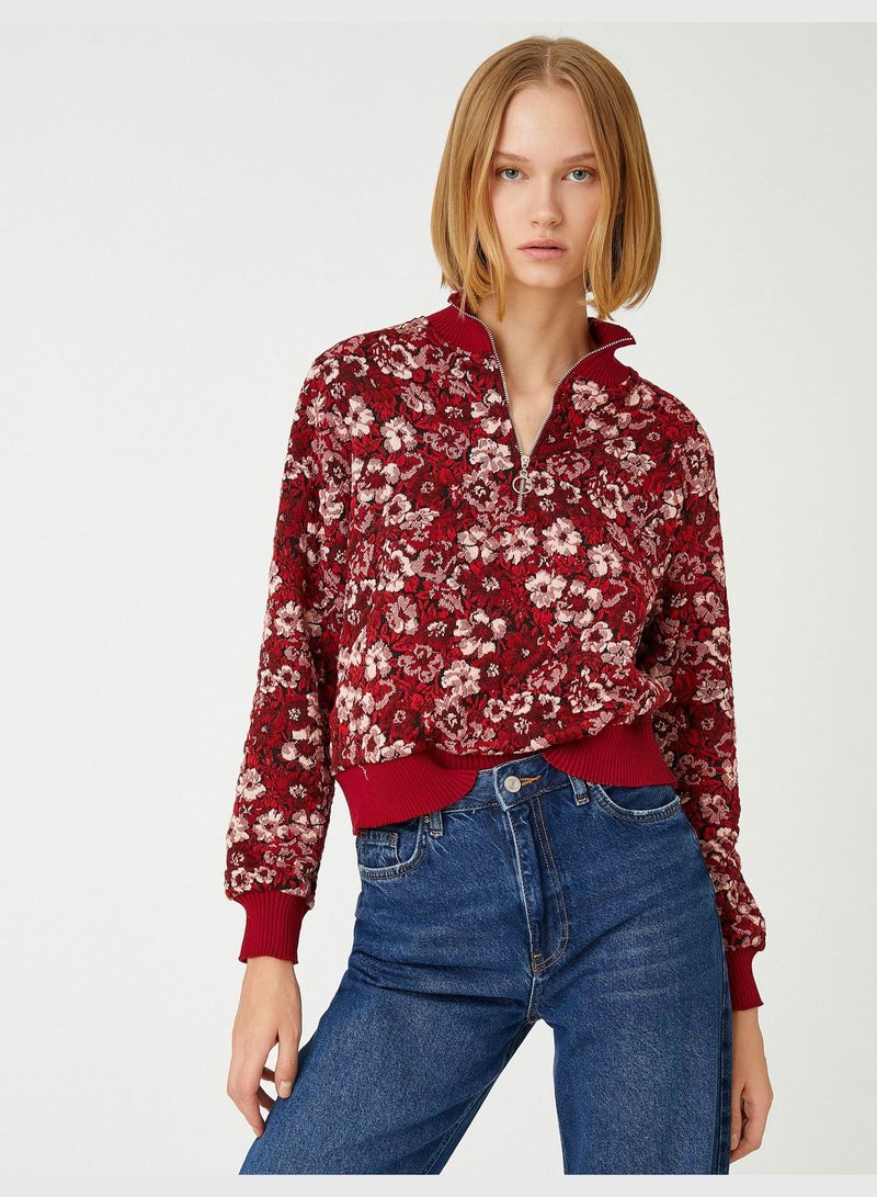 Jacquard Floral Sweater Half Zipper