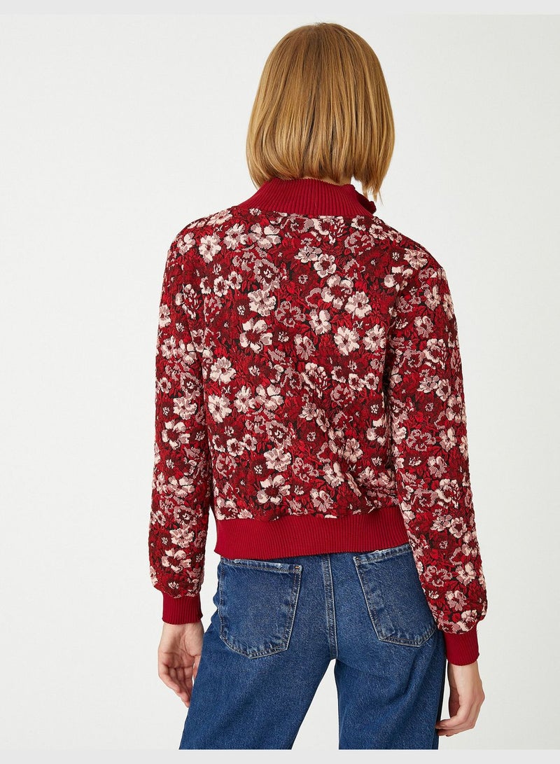 Jacquard Floral Sweater Half Zipper