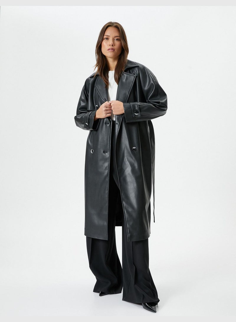 Double Breasted Belted Buttoned Faux Leather Trenchcoat