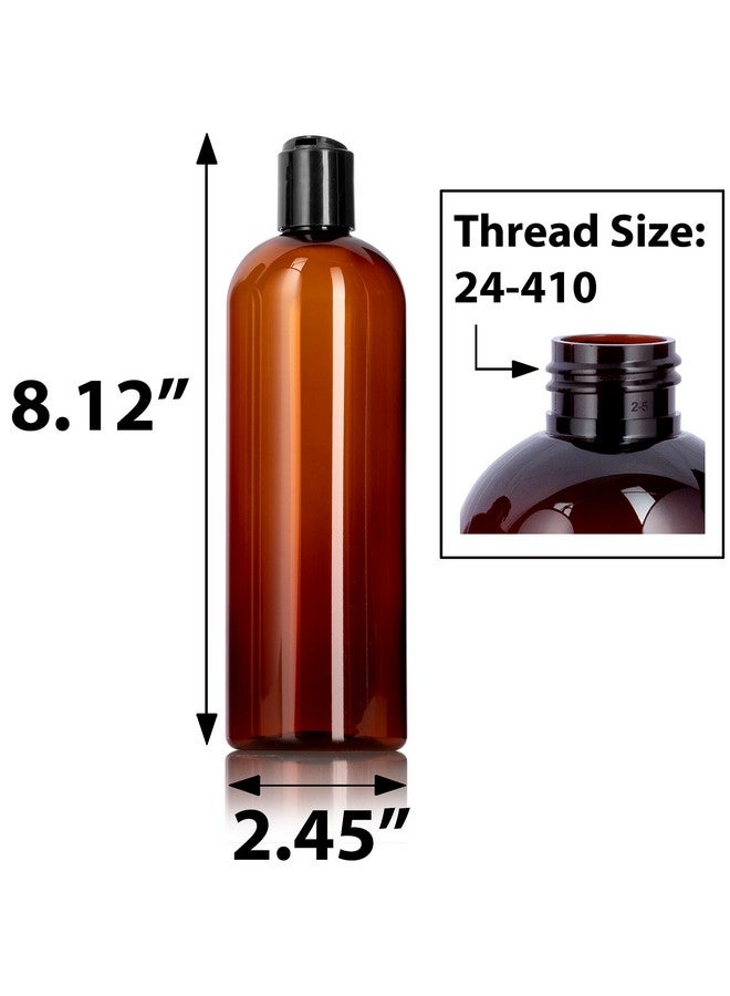 16 Oz 500 Ml Amber Slim Pet Plastic Bottles (Bpa Free) With Black Disc Cap Lid (12 Pack)
