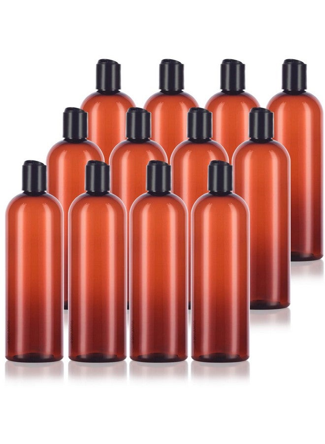 16 Oz 500 Ml Amber Slim Pet Plastic Bottles (Bpa Free) With Black Disc Cap Lid (12 Pack)