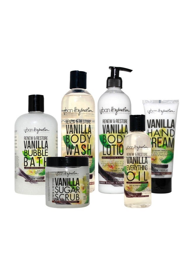 Renew & Restore Vanilla 6Pc Bath & Body Set Sulfate Paraben & Dye Free All Skin Types Includes Bubble Bath Everything Oil Hand Cream Sugar Scrub Body Wash & Body Lotion