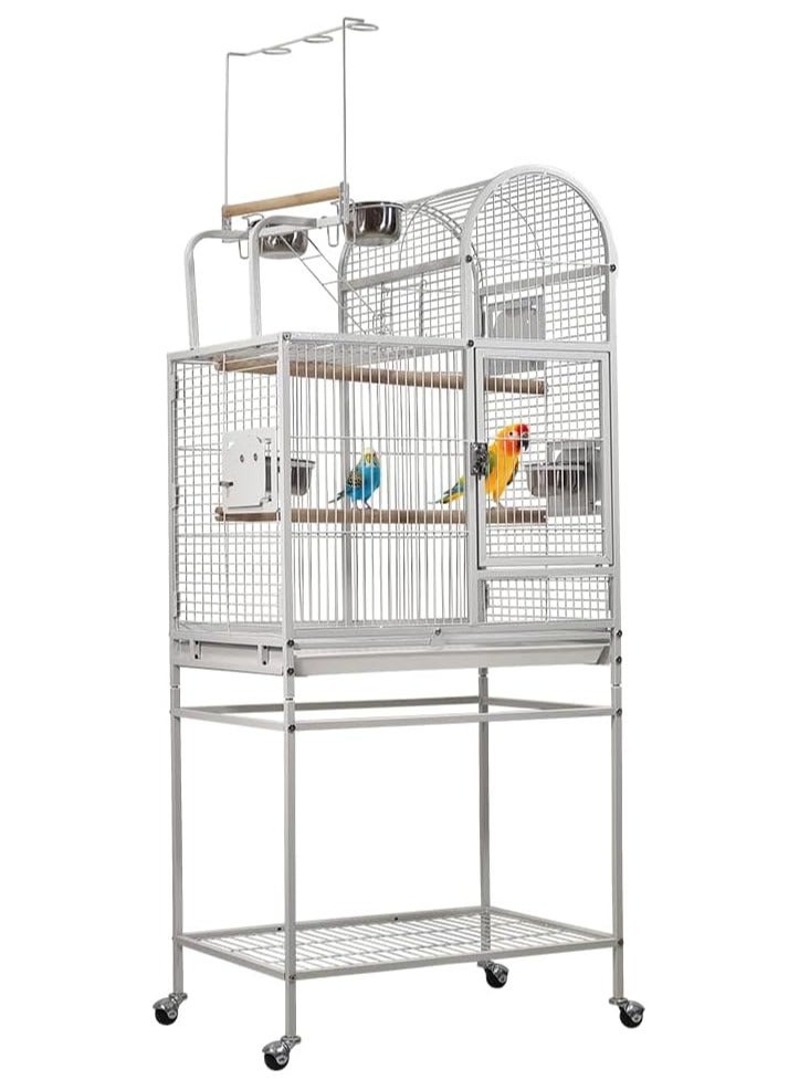 Bird cage with toy hooks above the top bird perch, Stainless steel bowls, and a shelf, Wrought iron bird cage for small to medium Parrots, Budgies, and Lovebirds 160 cm (White)