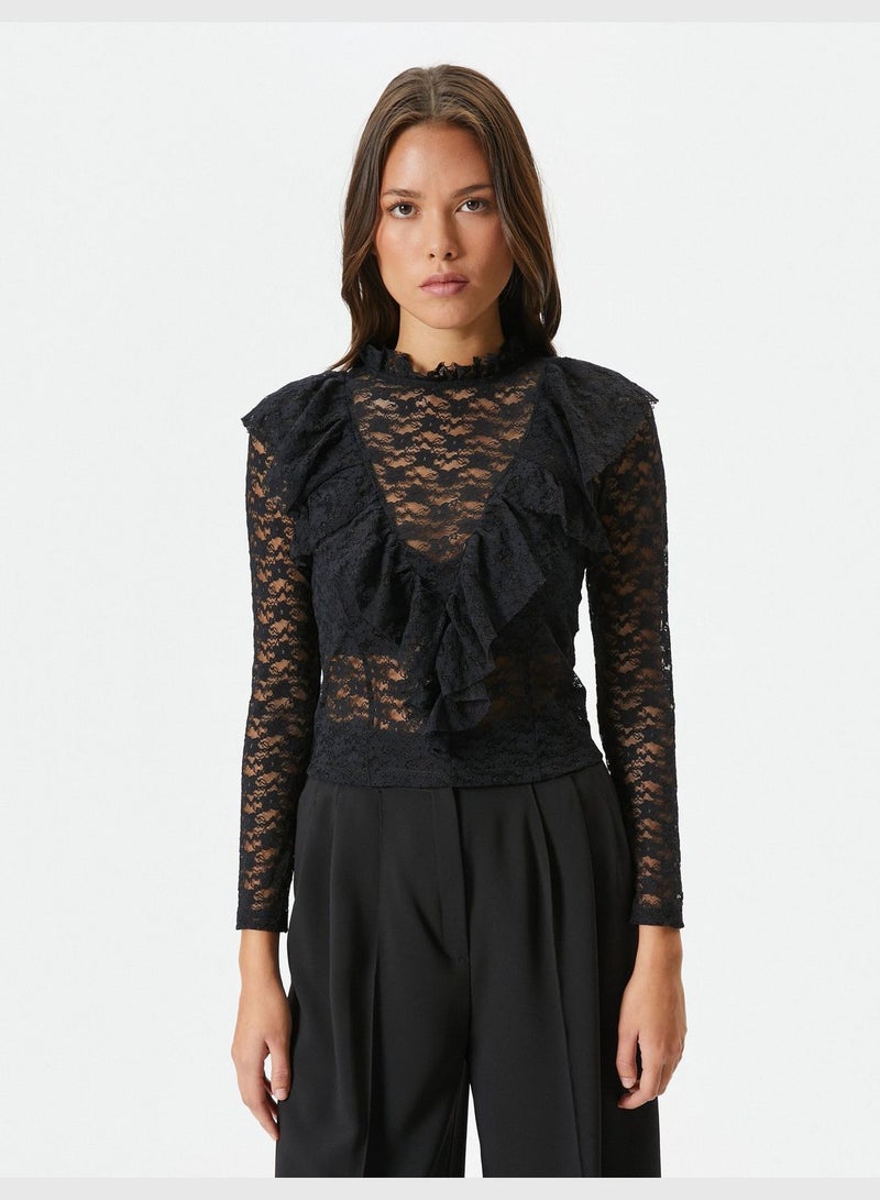 Lace Blouse Ruffle Detail Long Sleeve