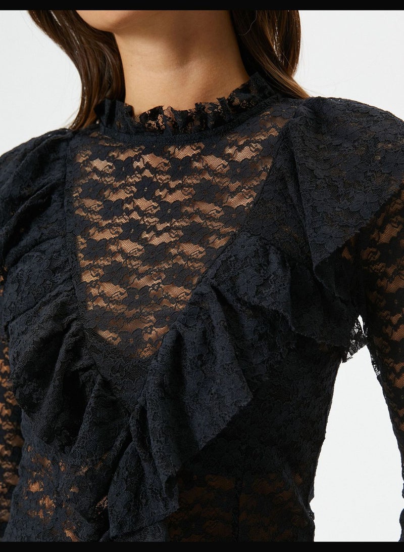 Lace Blouse Ruffle Detail Long Sleeve