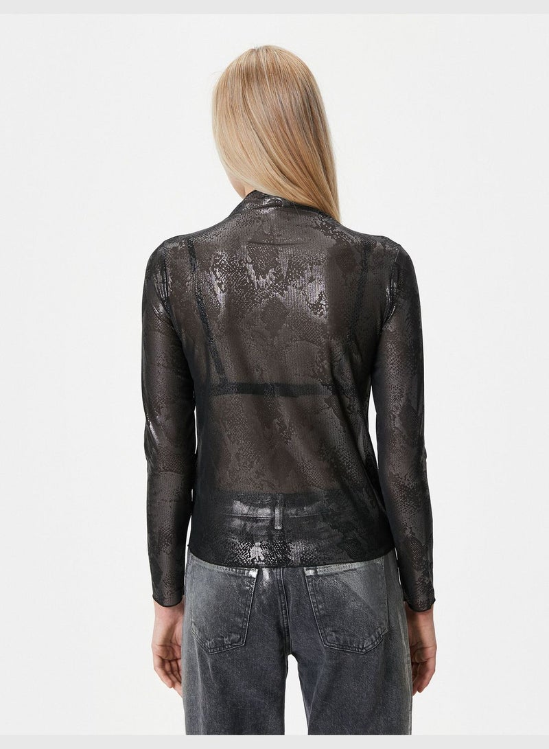 High Neck Jacquard Long Sleeve T-Shirt