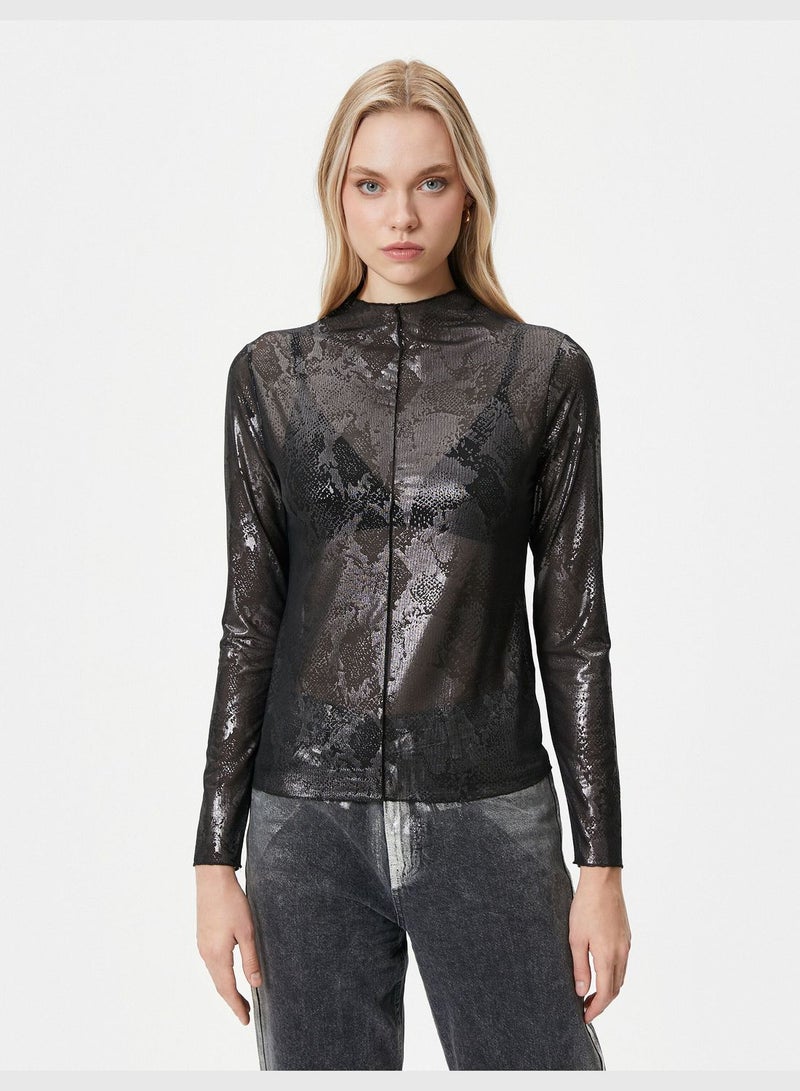 High Neck Jacquard Long Sleeve T-Shirt