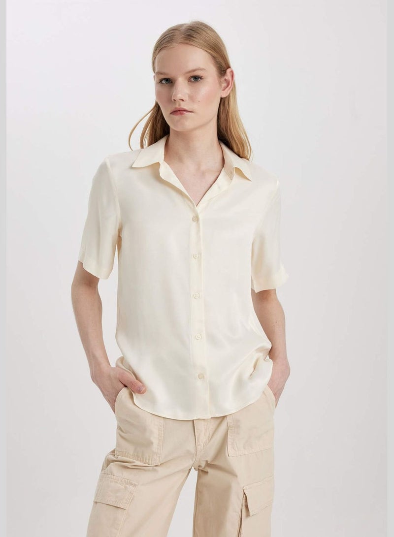 Regular Fit Shirt Collar Satin Short Sleeve Shirt