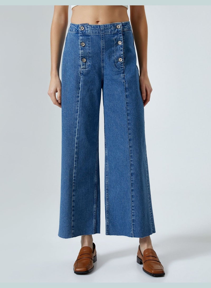 Geniş Kısa Paça Kot Pantolon Düğmeli Yüksek Bel - Sandra Jeans