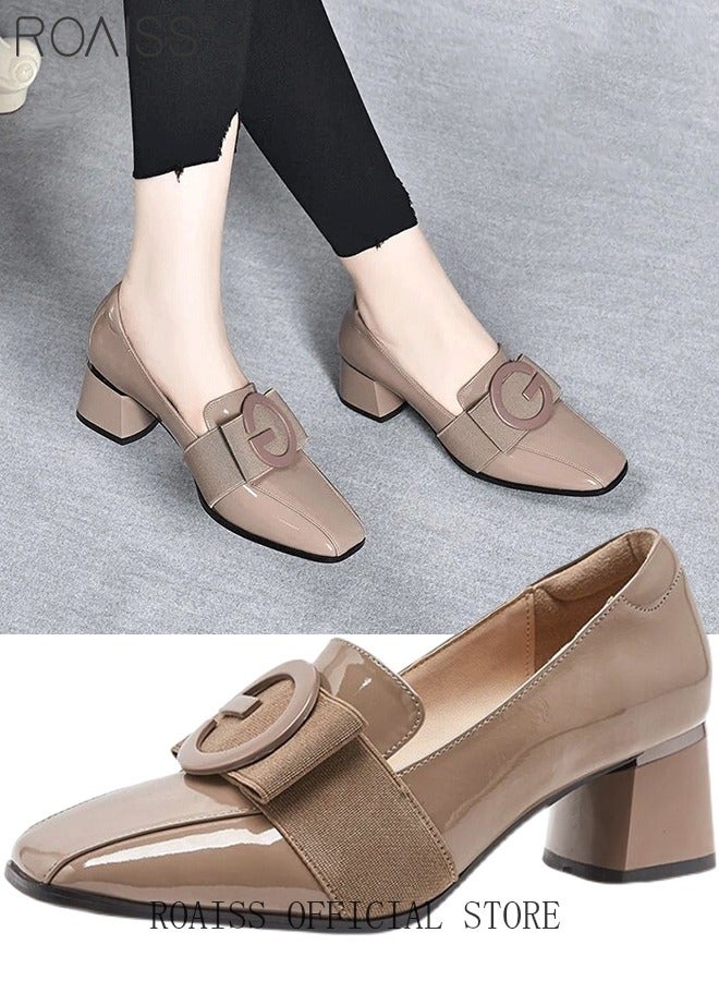 Fashion Office Ladies Shoes Women Pu Leather Pumps Shoes British Style Square Toe Leather Shoes Mid Heel Chunky Heel Women's Shoes