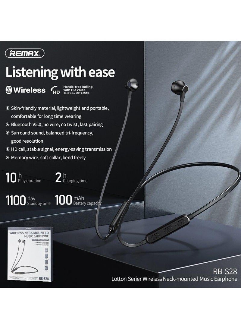 RB-S28 Wireless Bluetooth 5.0 in-Ear Neckband Earphones with Mic Black