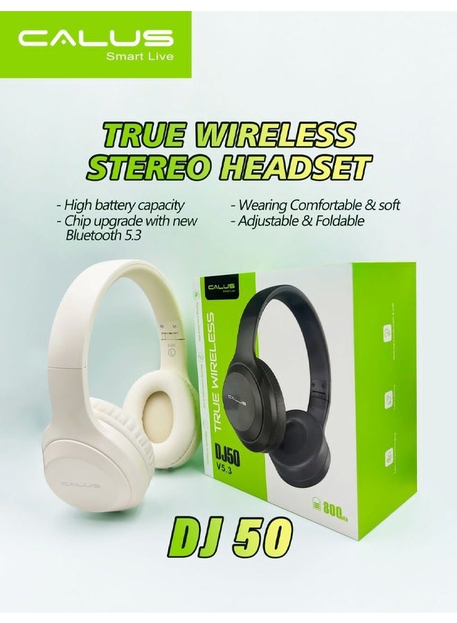 Calus DJ50 Wireless Bluetooth Headphones Noise Cancelling Headsets Over Ear with Built-In Microphone for Clear Calls & Voice Control White