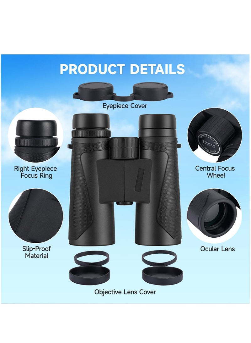 12x42 HD Binoculars for Adults High Powered Super Bright Binoculars with Large View Low Light Night Vision Waterproof Compact Binoculars for Bird Watching Cuise Ship Travel Hunting Stargazing