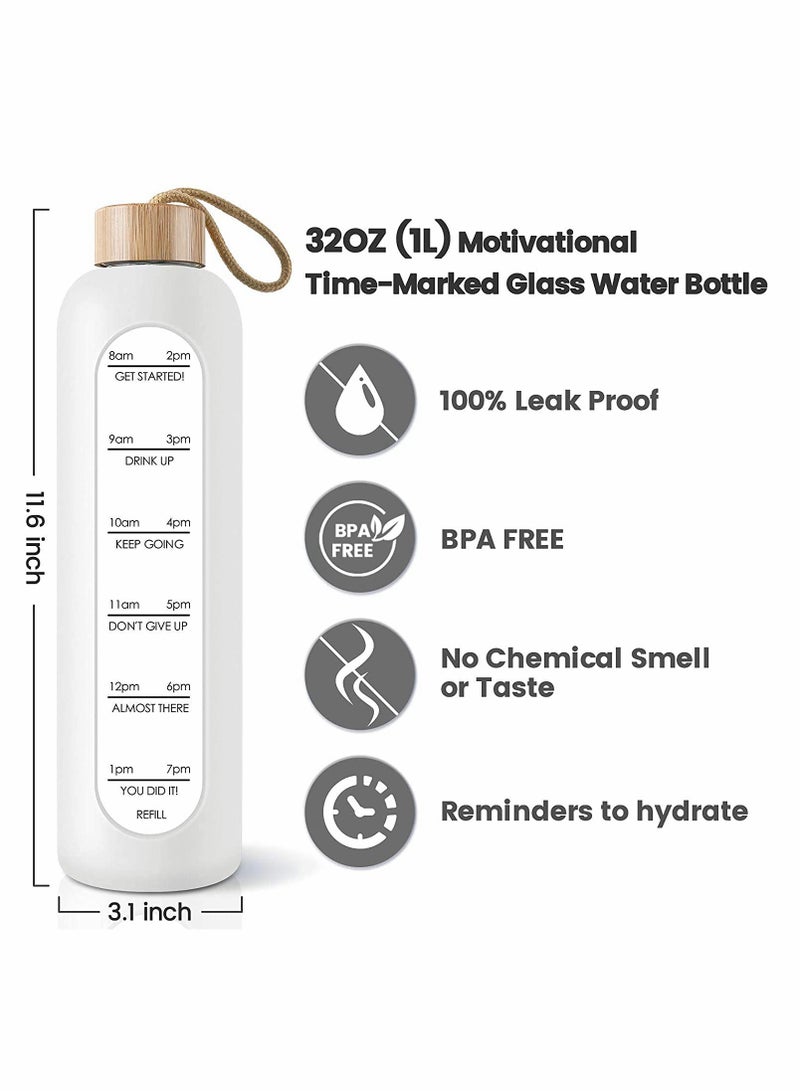 32 Oz Borosilicate Glass Water Bottle with Time Marker Reminder Quotes, Leak Proof Reusable BPA Free Motivational Water Bottle with Silicone Sleeve and Bamboo Lid (White)