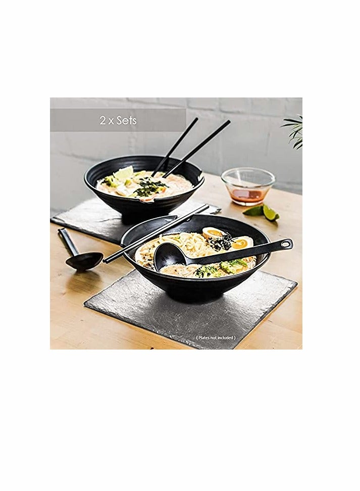 2 Sets of Ramen Bowl (Black Melamine),6pcs,37oz Soup Bowls with Chopsticks and Spoons Set for Ramen,Pho,Noodles,Asian Dishes