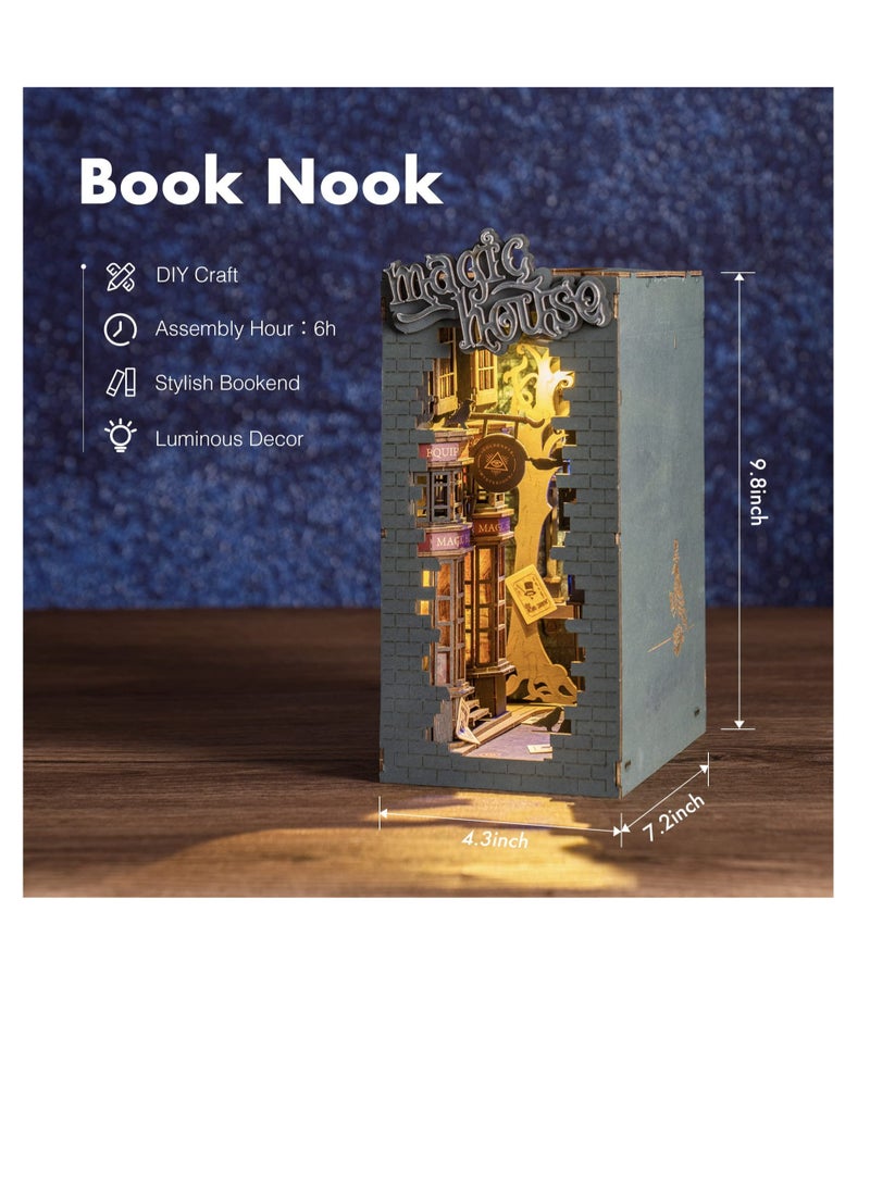 DIY Book Nook Kit, 3D Wooden Puzzle, DIY Dollhouse Booknook Kit, DIY Bookend Diorama Kit, Bookshelf Insert Decor with LED, Crafts Hobbies Gifts for Adults/Teens (Magic Alley)
