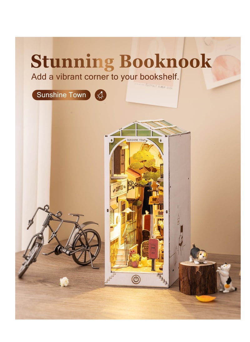 DIY Book Nook Kit, 3D Wooden Puzzle, DIY Dollhouse Bookend Diorama Kit, Dollhouse Bookshelf Insert Diorama Decor with LED, Crafts Hobbies Gifts for Adults/Teens (Sunshine Town)
